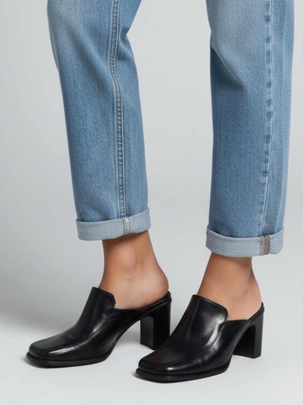 Aldo Black Leather Vintage Square-Toe Mule Heels with Block Heel 37
